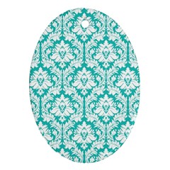 White On Turquoise Damask Oval Ornament (two Sides) by Zandiepants