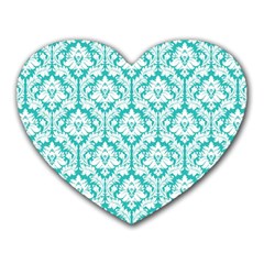 White On Turquoise Damask Mouse Pad (heart) by Zandiepants