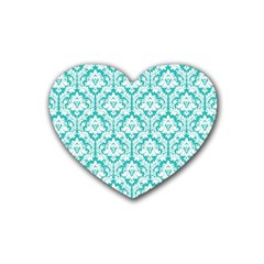 White On Turquoise Damask Drink Coasters (heart) by Zandiepants