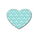 White On Turquoise Damask Drink Coasters 4 Pack (Heart)  Front