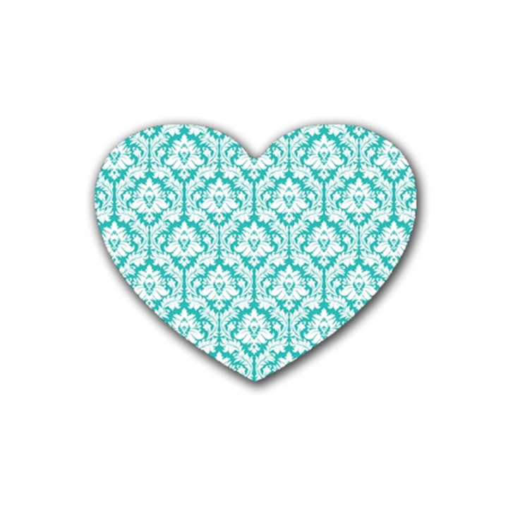 White On Turquoise Damask Drink Coasters 4 Pack (Heart) 