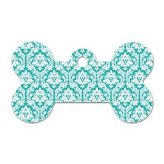 White On Turquoise Damask Dog Tag Bone (one Sided) by Zandiepants