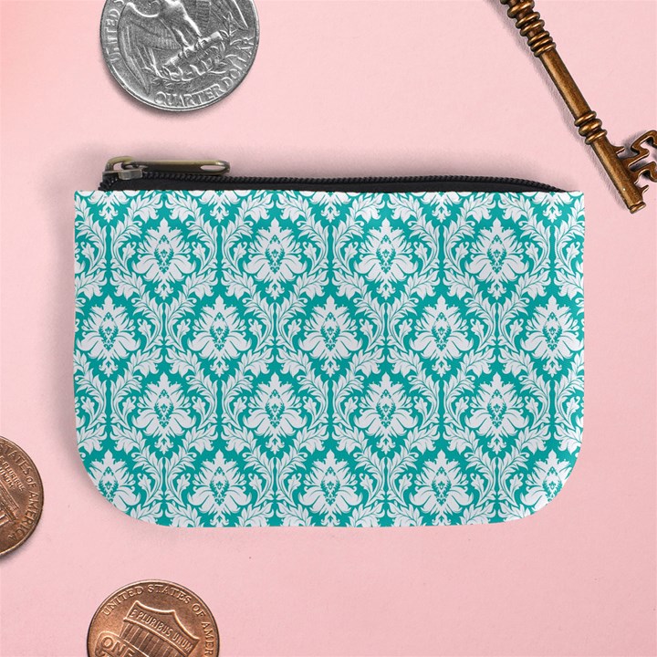 Turquoise Damask Pattern Mini Coin Purse