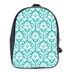 White On Turquoise Damask School Bag (large) by Zandiepants