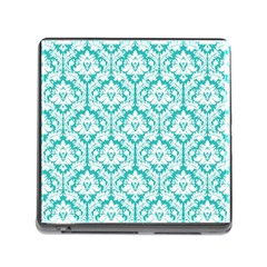 White On Turquoise Damask Memory Card Reader With Storage (square) by Zandiepants