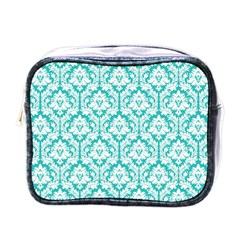 White On Turquoise Damask Mini Travel Toiletry Bag (one Side) by Zandiepants