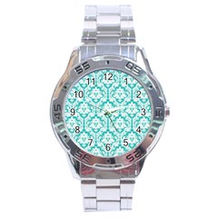 White On Turquoise Damask Stainless Steel Watch by Zandiepants