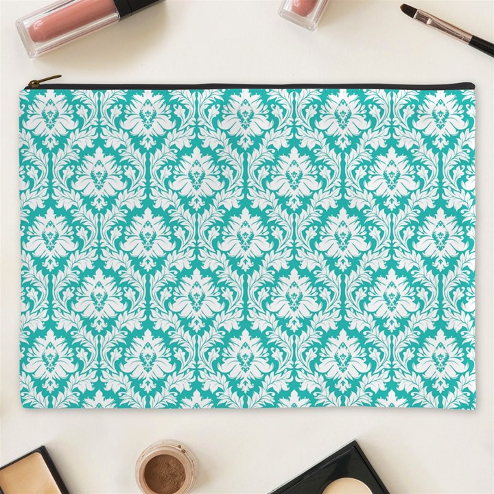 Turquoise Damask Pattern Cosmetic Bag (XXXL)