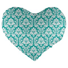 Turquoise Damask Pattern Large 19  Premium Heart Shape Cushion by Zandiepants