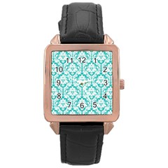 White On Turquoise Damask Rose Gold Leather Watch  by Zandiepants