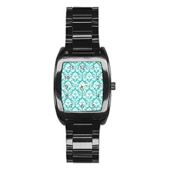 White On Turquoise Damask Stainless Steel Barrel Watch by Zandiepants