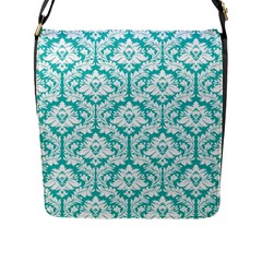 Turquoise Damask Pattern Flap Closure Messenger Bag (l) by Zandiepants