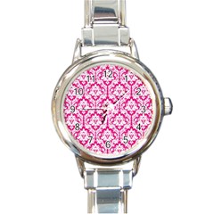 White On Hot Pink Damask Round Italian Charm Watch by Zandiepants