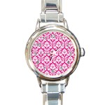 White On Hot Pink Damask Round Italian Charm Watch Front