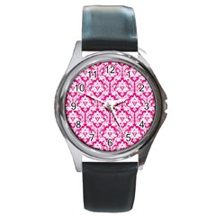 White On Hot Pink Damask Round Leather Watch (silver Rim) by Zandiepants