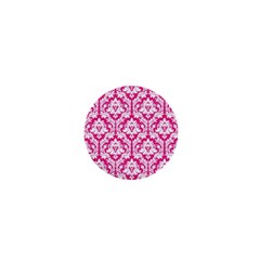 White On Hot Pink Damask 1  Mini Button Magnet by Zandiepants