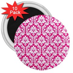 White On Hot Pink Damask 3  Button Magnet (10 Pack) by Zandiepants