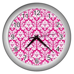 White On Hot Pink Damask Wall Clock (silver) by Zandiepants