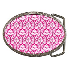 White On Hot Pink Damask Belt Buckle (oval) by Zandiepants