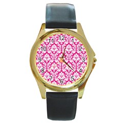 White On Hot Pink Damask Round Leather Watch (gold Rim)  by Zandiepants