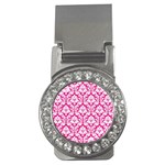 White On Hot Pink Damask Money Clip (CZ) Front