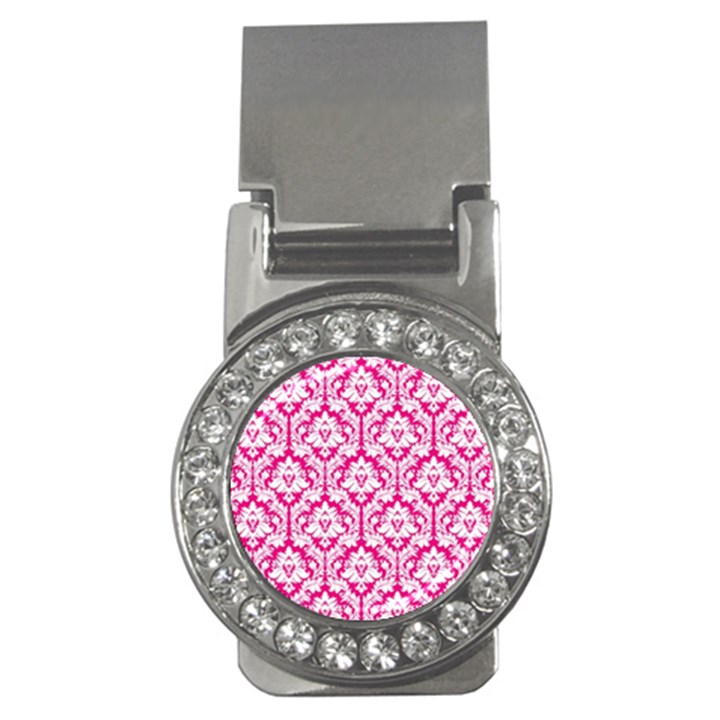 White On Hot Pink Damask Money Clip (CZ)