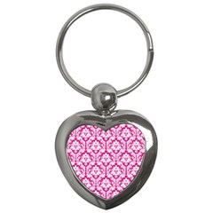 White On Hot Pink Damask Key Chain (heart) by Zandiepants