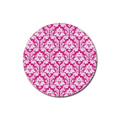 White On Hot Pink Damask Drink Coaster (round) by Zandiepants