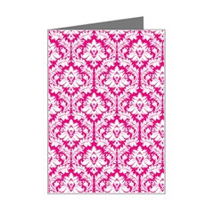 White On Hot Pink Damask Mini Greeting Card by Zandiepants