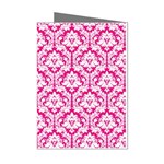 White On Hot Pink Damask Mini Greeting Card (8 Pack) Left