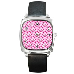 White On Hot Pink Damask Square Leather Watch by Zandiepants