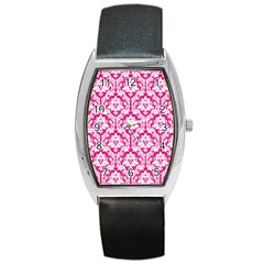 White On Hot Pink Damask Tonneau Leather Watch by Zandiepants