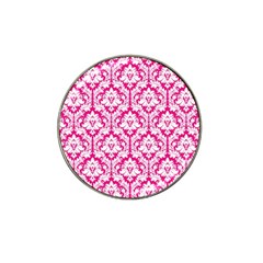 White On Hot Pink Damask Golf Ball Marker (for Hat Clip) by Zandiepants