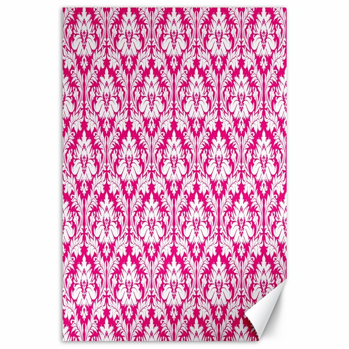 White On Hot Pink Damask Canvas 24  x 36  (Unframed)