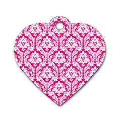 White On Hot Pink Damask Dog Tag Heart (two Sided) by Zandiepants