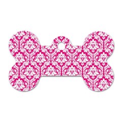 White On Hot Pink Damask Dog Tag Bone (one Sided) by Zandiepants