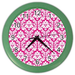 White On Hot Pink Damask Wall Clock (color) by Zandiepants