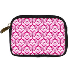 White On Hot Pink Damask Digital Camera Leather Case by Zandiepants