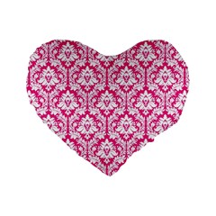 Hot Pink Damask Pattern Standard 16  Premium Heart Shape Cushion  by Zandiepants