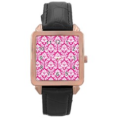 White On Hot Pink Damask Rose Gold Leather Watch  by Zandiepants