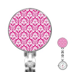 White On Hot Pink Damask Stainless Steel Nurses Watch by Zandiepants