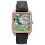 Rose Apple Green Dreams, Abstract Water Garden Rose Gold Leather Watch  Front