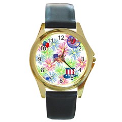 Patriot Fireworks Round Leather Watch (gold Rim)  by StuffOrSomething