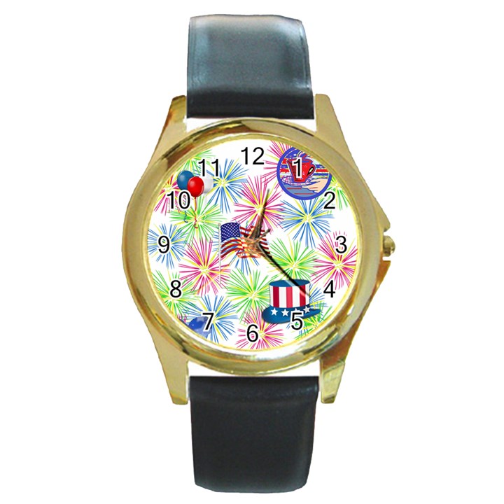 Patriot Fireworks Round Leather Watch (Gold Rim) 