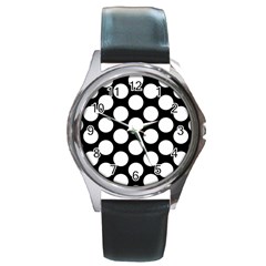 Black And White Polkadot Round Leather Watch (silver Rim) by Zandiepants