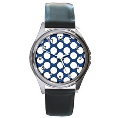 Dark Blue Polkadot Round Leather Watch (silver Rim) by Zandiepants