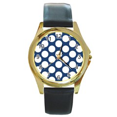 Dark Blue Polkadot Round Leather Watch (gold Rim)  by Zandiepants