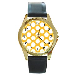 Sunny Yellow Polkadot Round Leather Watch (gold Rim)  by Zandiepants