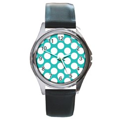 Turquoise Polkadot Pattern Round Leather Watch (silver Rim) by Zandiepants