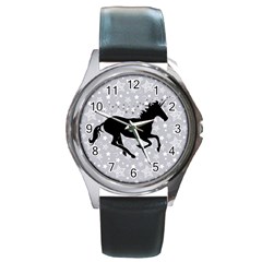 Unicorn On Starry Background Round Leather Watch (silver Rim) by StuffOrSomething